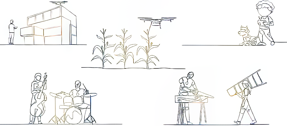 This image features architectural and design CAD blocks depicting scenes of human-robot interaction in various settings.The collection includes scenes of agricultural automation with drones, construction work, and leisure activities like a musical performance.