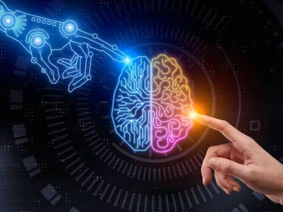 illustration of a digital hand and a humand hand touching a didgal brain